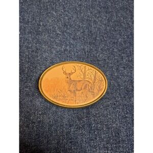 Vintage Solid Brass Bartow Co. Deer Stag Belt Buckle - Etched Scene